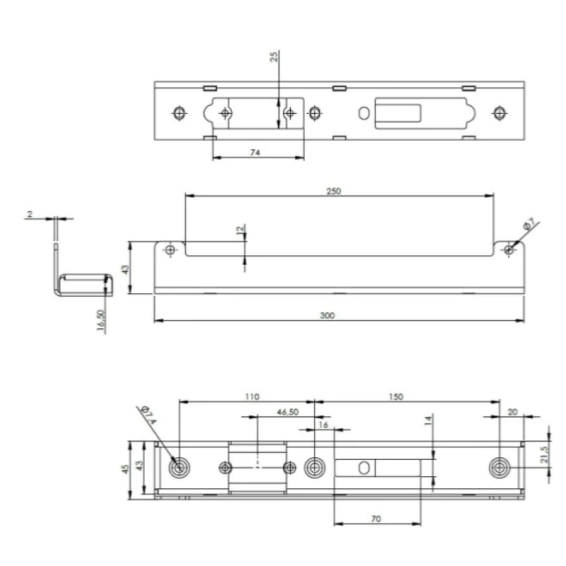 Electric strike cassette for post, H300mm, W45x17mm