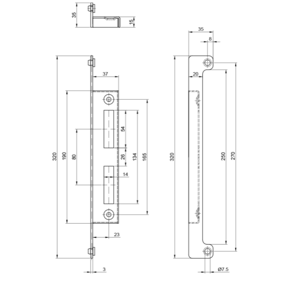 Restrictor catch for narrow post galvanized H320 x L40 mm