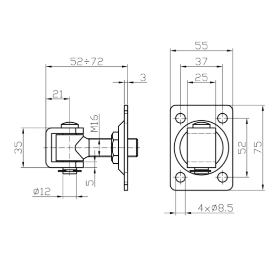 Adjustable hinge with plate L55 x H75 mm