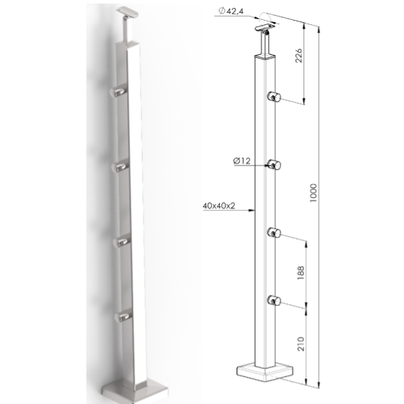 INOX post 40x40 with floor support L1000mm, AISI 304