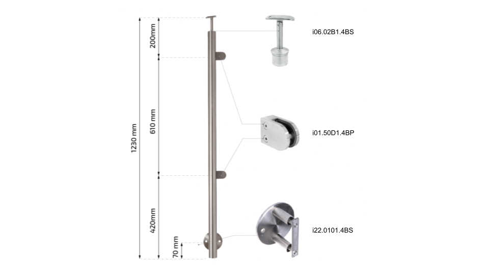 Railing post 42,4 x 2mm with 4 cross bar holders