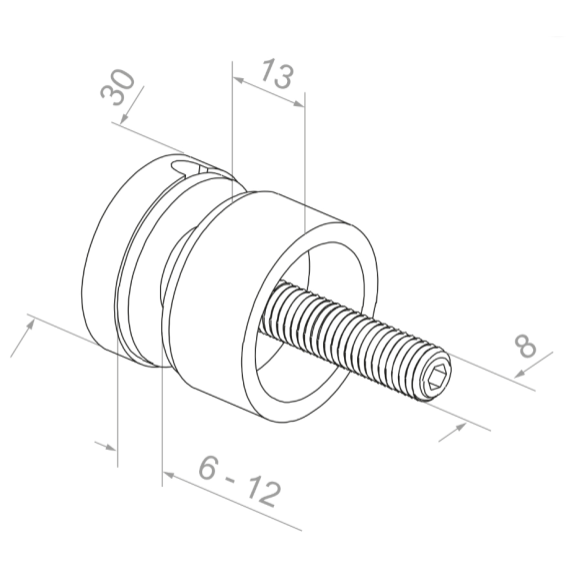 Glass clamp M8x40, D30, for glass t6-12mm AISI 304 (copper)