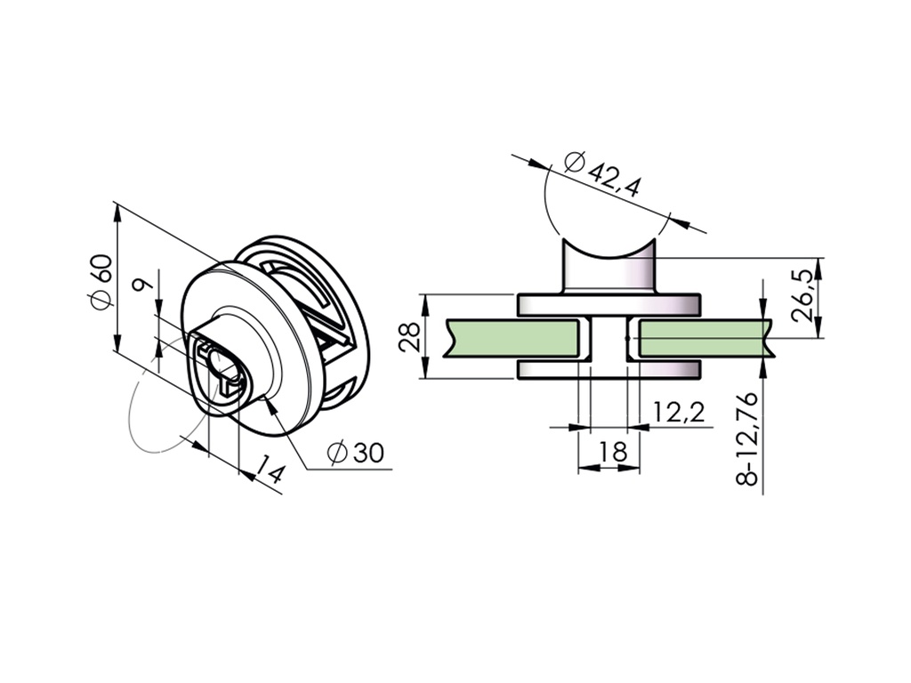 Glass clamp 42,4 D60 ( for 8-12,76mm glass )