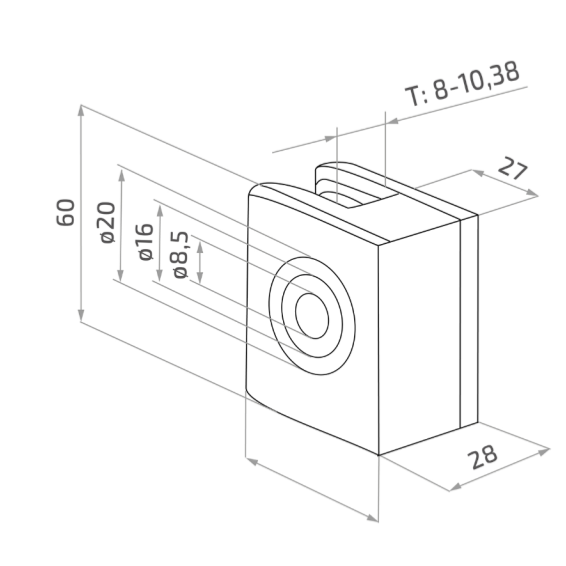 Glass clamp 60x50x28mm, Satin