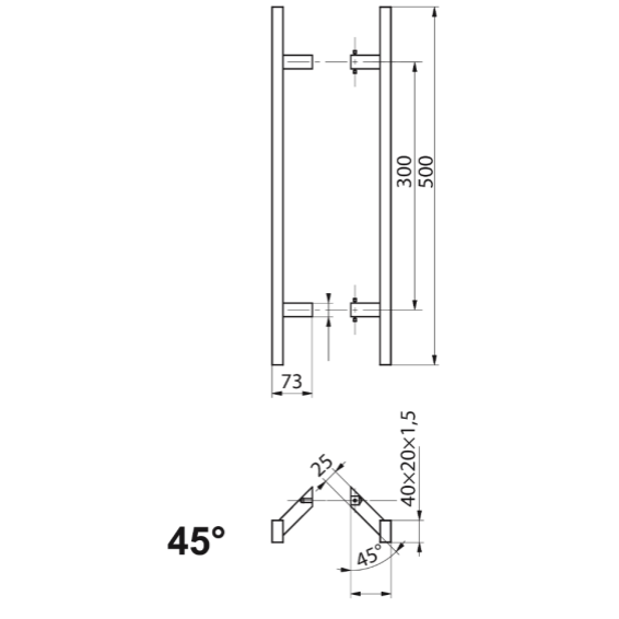 Door handle 45°, 40x20x300x500mm, AISI 304 Satin