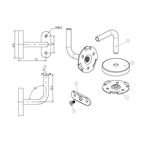 Handrail holder D70 x 12mm, AISI 304 (Black)