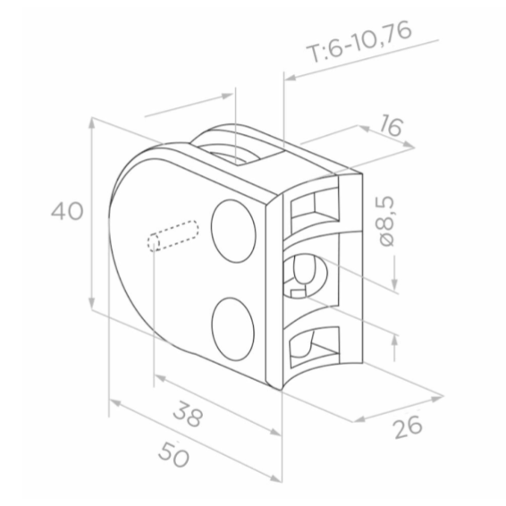 Glass clamp 42,4 b38 L50 H40 W26 a16 AISI 304