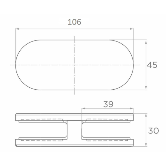 Glass clamp 180° L106 H45 W30 a39 AISI 304
