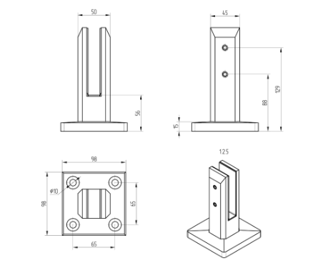 Vertical handle  H160 mm, for glass 12-13.52 mm