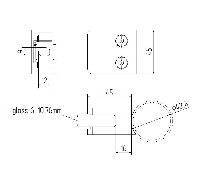 Glass clamp 42,4 L45xH45 mm W26xa16 mm (ZAMAK)