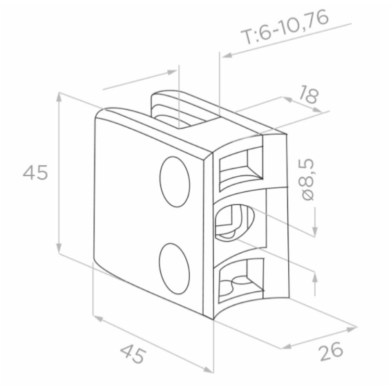Glass clamp 42,4 L45 H45 W26 a18 (ZAMAK)