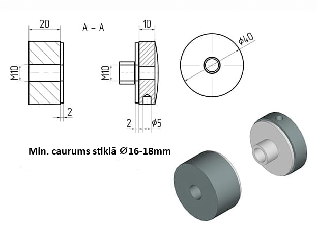 Glass clamp D40 M10x100mm, AISI 304 Satin