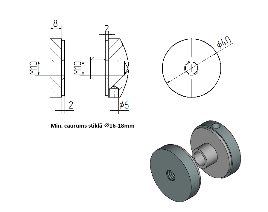 Glass clamp point, for glass t4-21.52mm, D40mm M10x100mm with thread