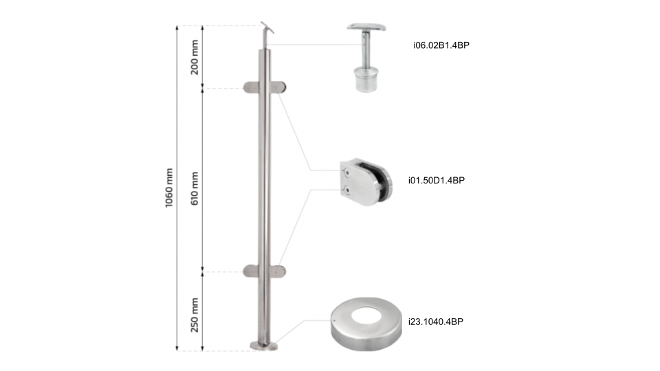 Railing post 42,4 x 2mm with 4 cross bar holders