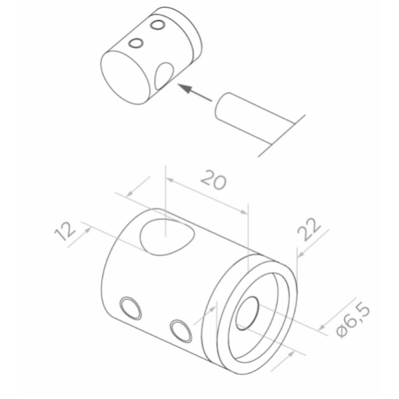 Crossbar holder d12mm D22 H20, AISI 304