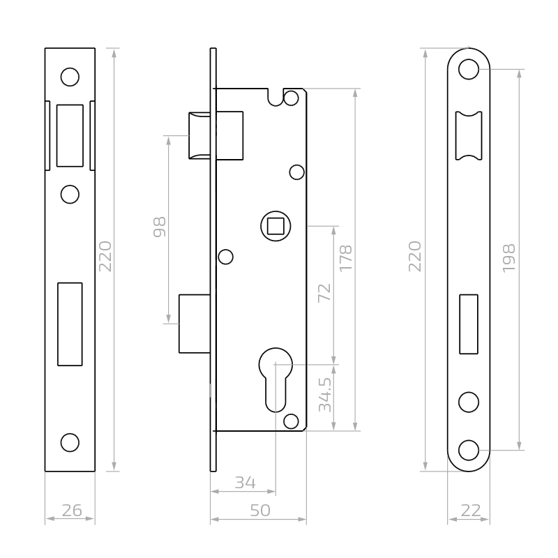 Cassette with lock, H 245 mm, for profile 60x40 mm