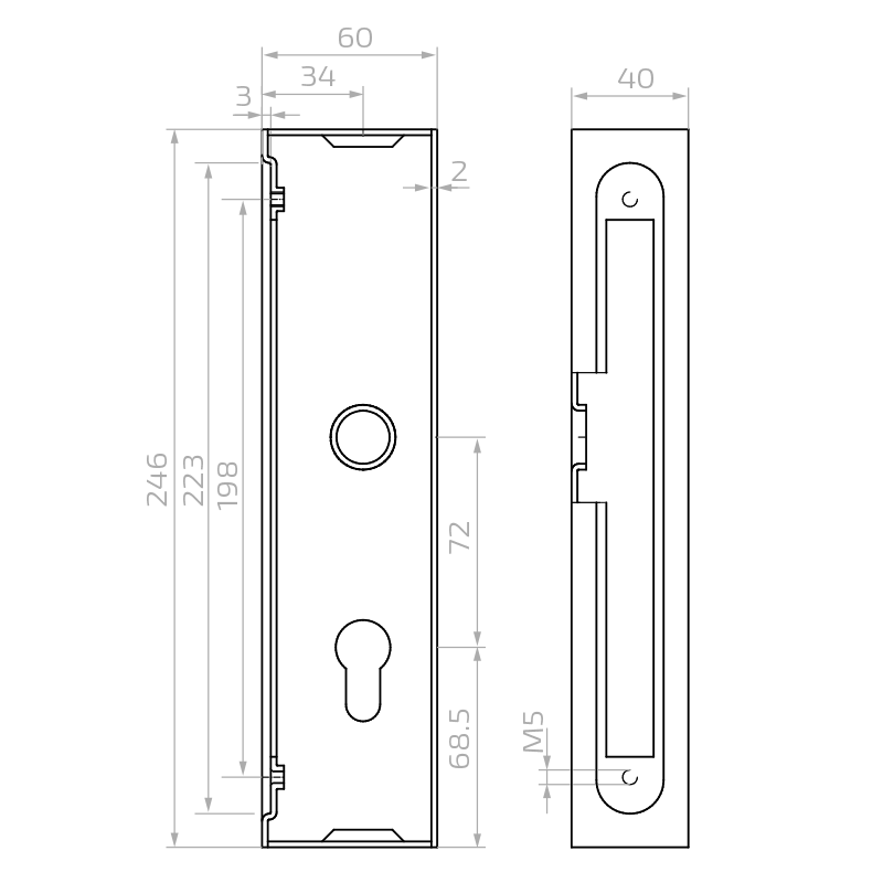 Cassette with lock, H 245 mm, for profile 60x40 mm