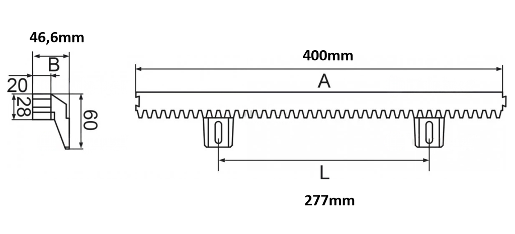 Polyamide rack (with steel core inside) L1000x20mm, three parted 40cm*3 (up to 800kg)