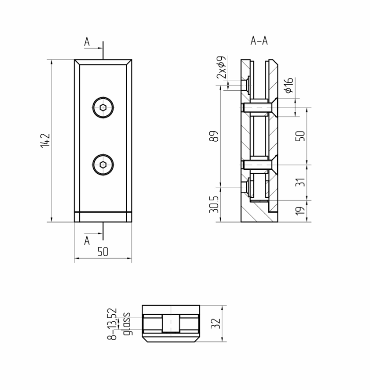 Glass holder h143x50mm M8, for t12,76 - 13,52mm glass, AISI 304, Satin