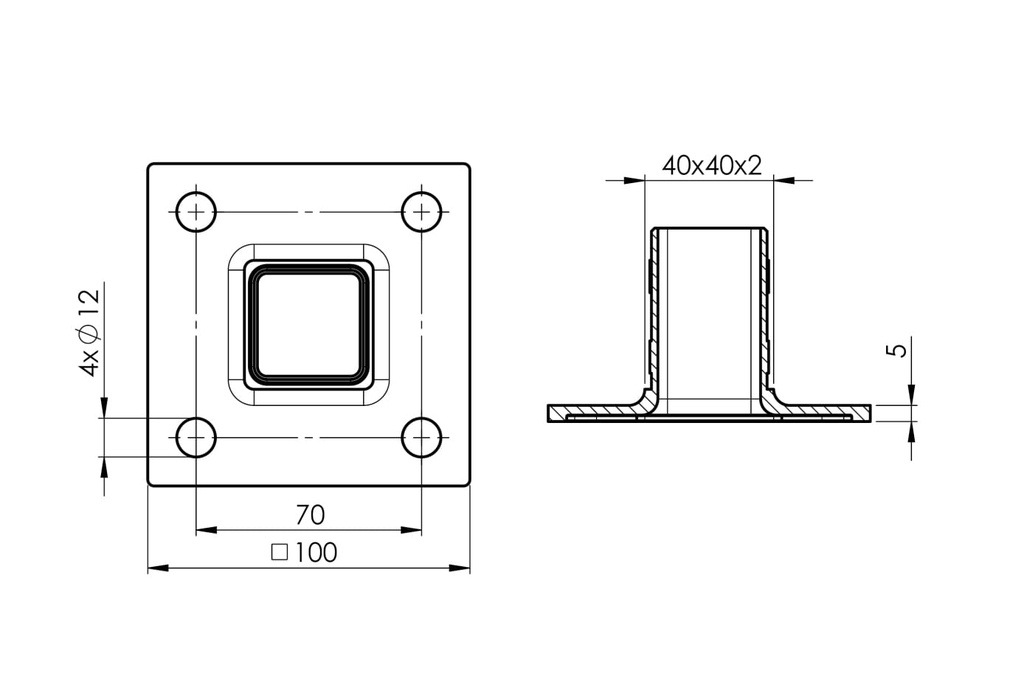 Flange for hammering in profile 40x40x2mm/100x100mm, AISI304 satin