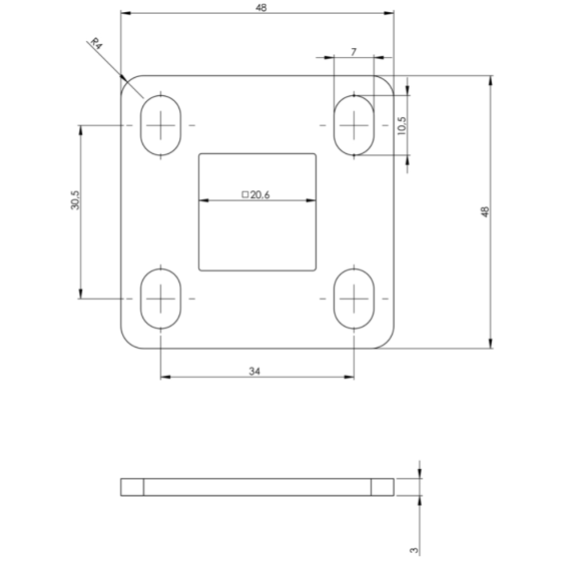Steel flange 20x20x3mm/50x50mm
