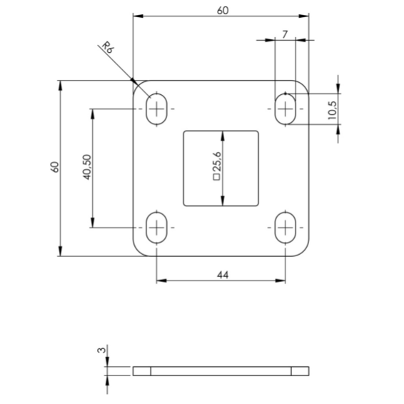 Steel flange 25x25x3mm/60x60mm
