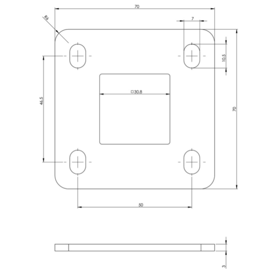 Steel flange 30x30x3mm/70x70mm