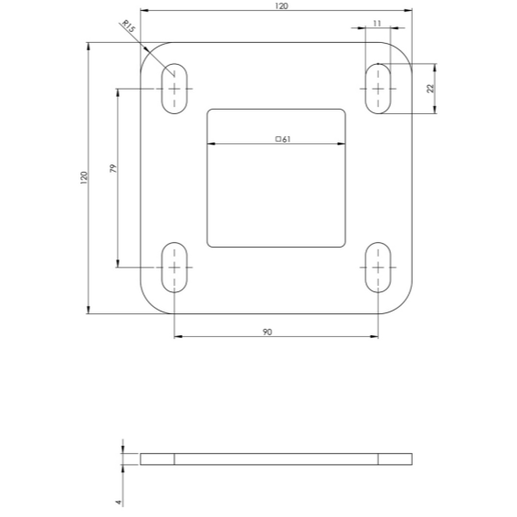Steel flange 60x60x4mm/120x120mm