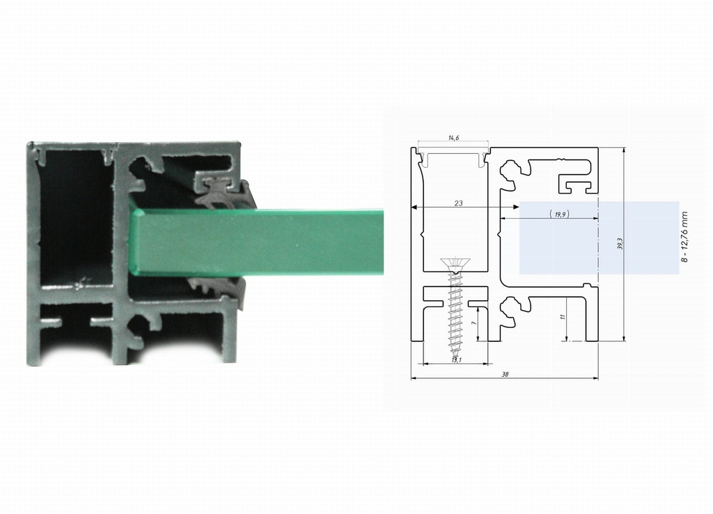 Aluminium profiles for french balconies with glass, with mounting to the window frame (painted RAL7016)