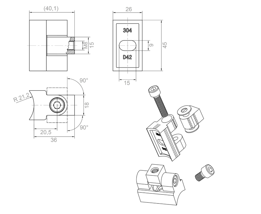 Hinge 180° for glass clamps, AISI 304, for d42,4 surface