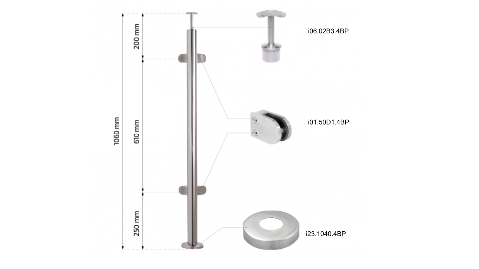 Railing post 42,4 x 2mm with 4 cross bar holders