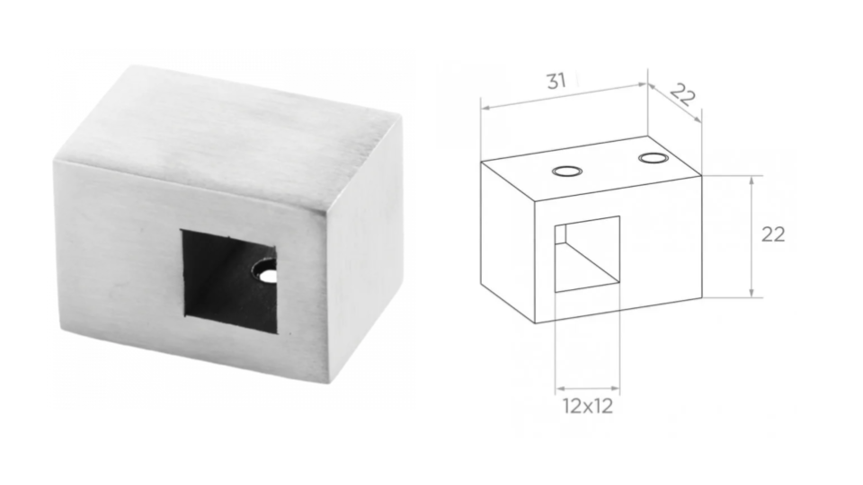 Rod crossbar holder 12x12mm a22xb22mm, AISI 304