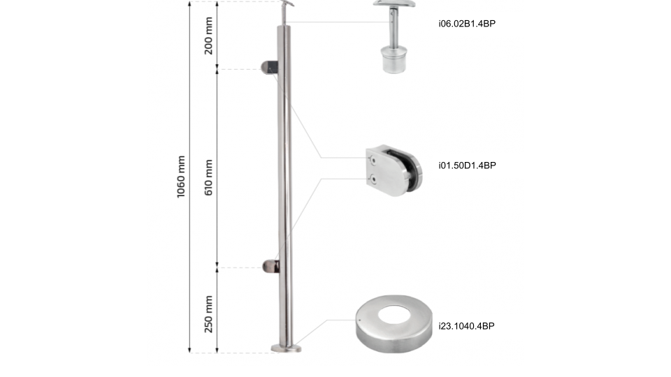 Left handrail post, stainless steel Fi42.4 / H1060 mm, 2 handles