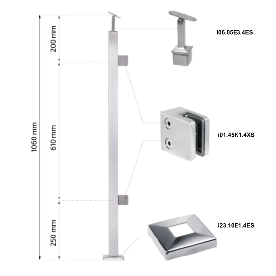 Right balustrade post made of stainless steel 40x40 H1060 AISI 304