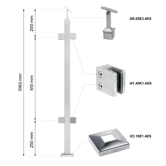 Balustrade post 40x40 H1060 AISI 304