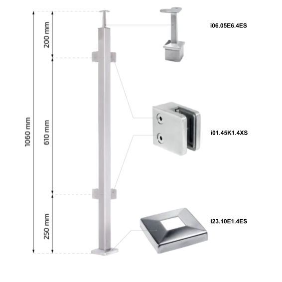 Stainless steel corner railing post 40x40 H1060 AISI 304