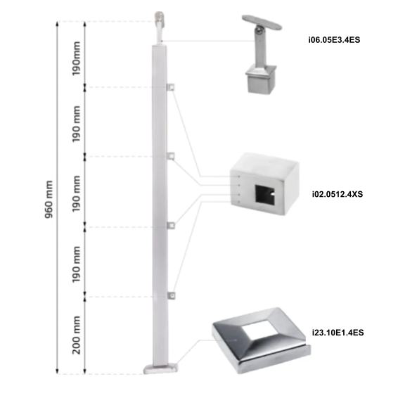 Pass-through stainless steel balustrade post 40x40 H960 AISI 304