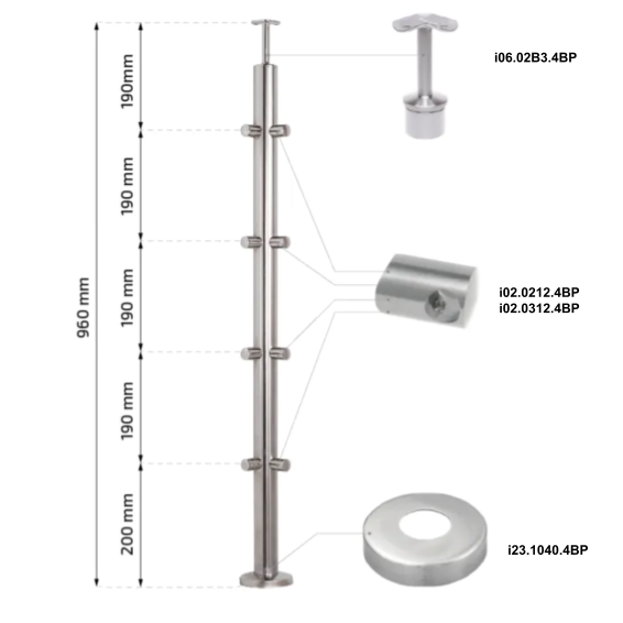 Stainless steel corner railing post 42,4 H960 AISI 304