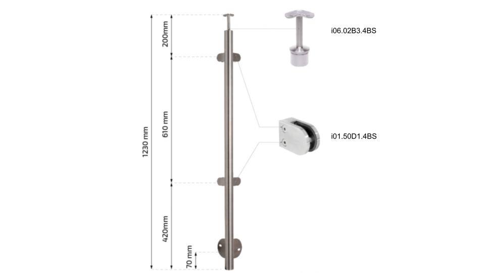 Stainless steel corner railing post 42,4 H1230 AISI 304