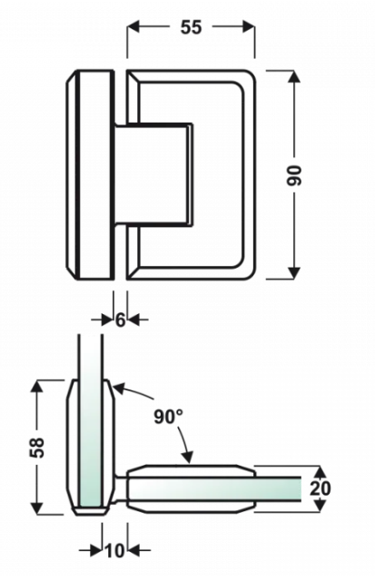 Hinge for shower cabin 90°