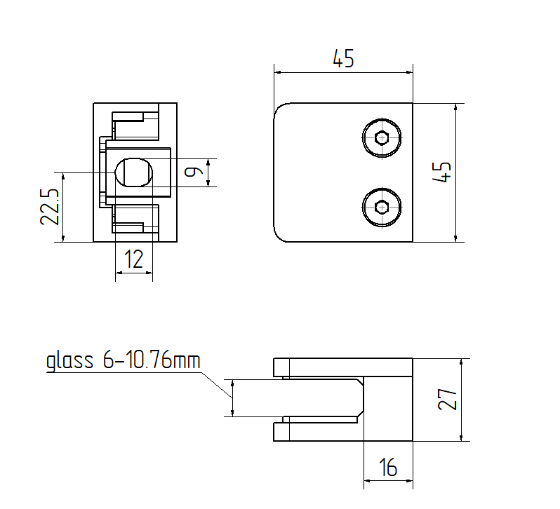 Glass clamp  45x45mm, AISI 304, SATIN GOLD