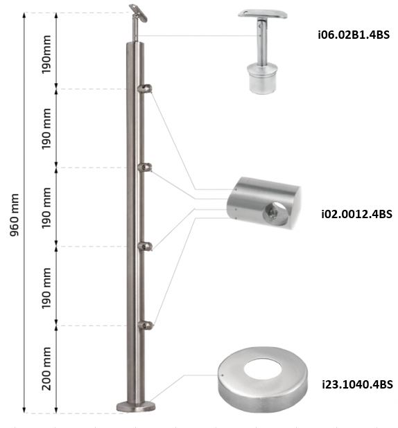 Railing post 42,4 x 2mm with 4 cross bar holders