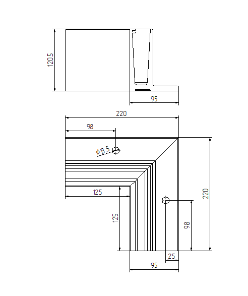 Corner profile, internal - 220x125mm, for t12 - 21,52mm glass, surface - anodized