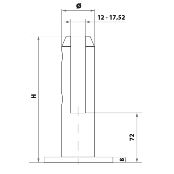 Glass holder for floor 182x49mm, for t12-17,52mm glass, AISI 304, Satin