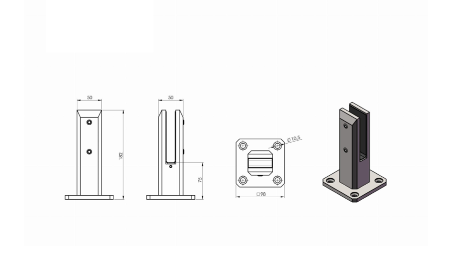 Glass holder h182 50x50mm, for glass t12 - 17,52mm, AISI 304 RAL9005