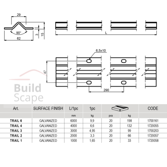 "V" profile guide,  fixed, for sliding gates and doors