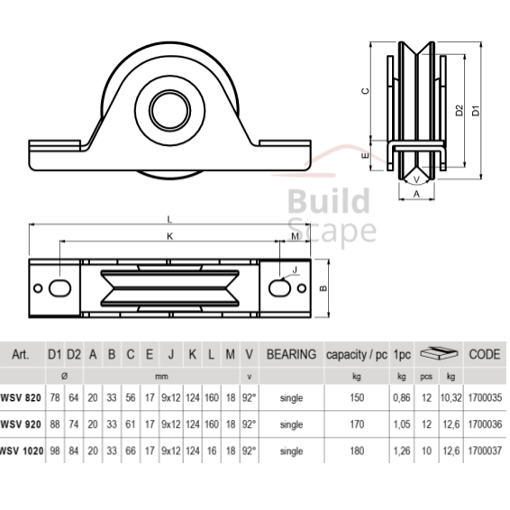 "V" grooved wheel bearing, internal support