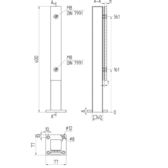 Glass holder H400mm, 40x40mm, for t8-17,52mm glass, AISI 304 Satin