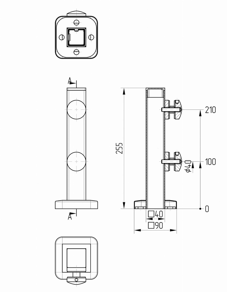 Glass holder H255mm, 40x40mm, for t8-17,52mm glass, AISI 304 Satin