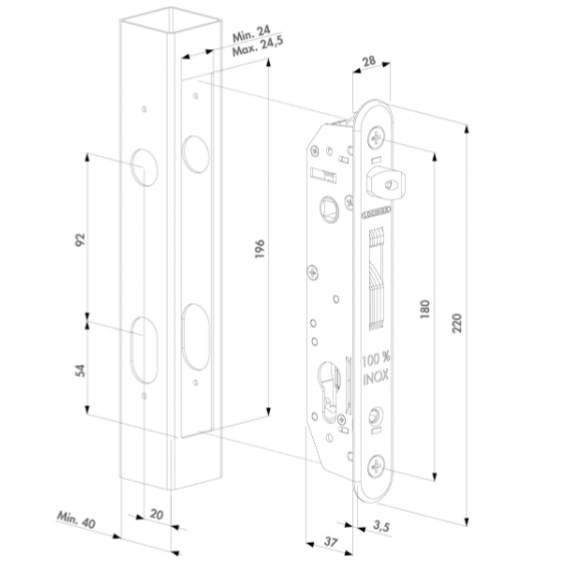 Lock set FORTYSET-40P-GP, for mortise lock FortyLock, LOCINOX